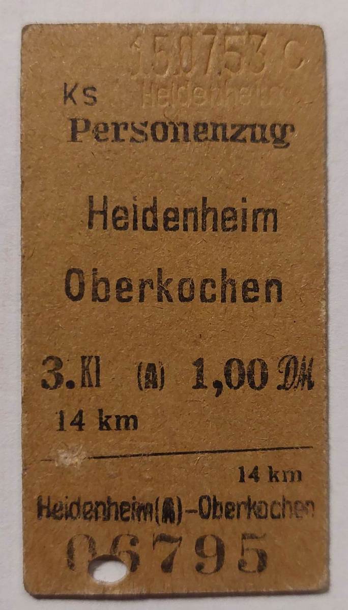 Zugticket 1953 Oberkochen Heidenheim